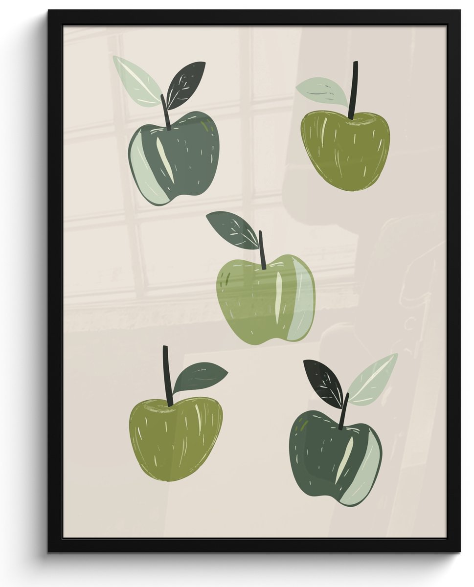 FrameYourWall Fotolijst inclusief poster - Posterlijst 50x70 cm - Posters - Appels - Groen - Illustratie - Bladeren - Foto in lijst - Keuken decoratie muur - Wanddecoratie accessoires - Muurdecoratie - Schilderijen