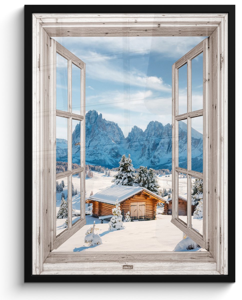 FrameYourWall Poster in lijst - Fotolijst 50x70 cm - Posters - Winterlandschap - Huisje - Bergen - Uitzicht - Doorkijk - Natuur - Posterlijst zwart - Decoratie - Wanddecoratie woonkamer - Muurdecoratie slaapkamer