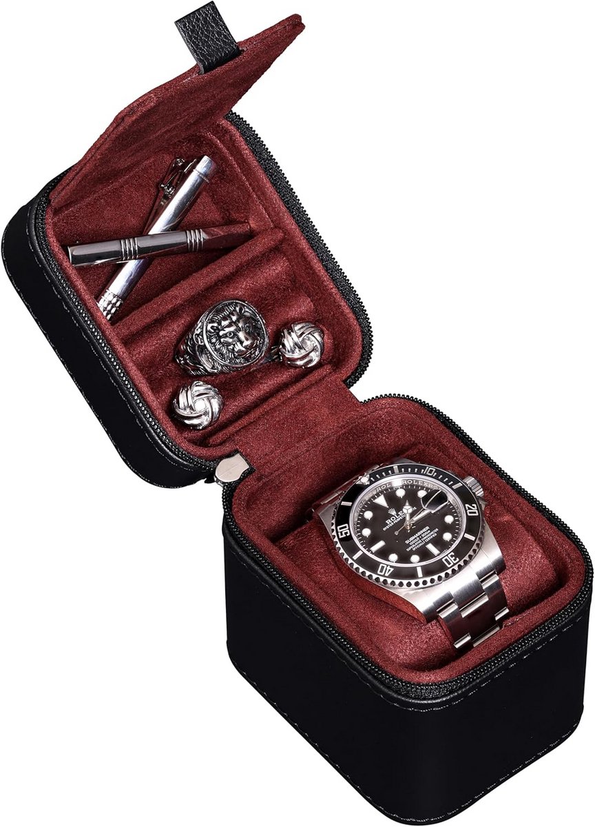 Reisetui voor één horloge met accessoirevak - Zwart-Rood
