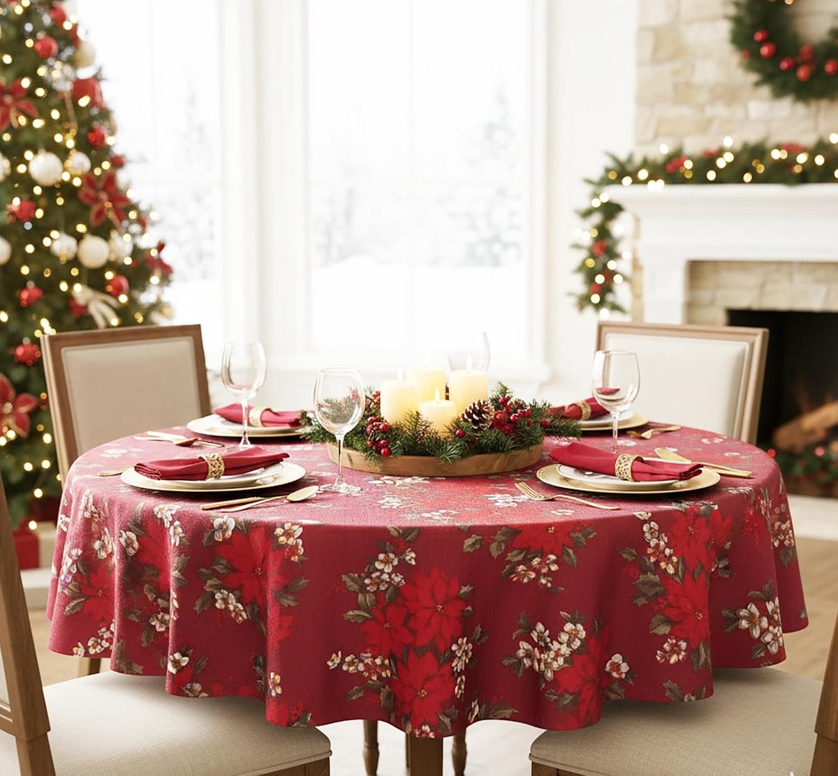 Rond Tafelkleed met Kerst & Winter Print - Decoratief voor Keuken of Eettafel