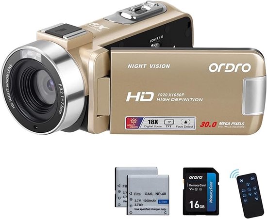 Beste Vlog Cameras van 2026 – Top 5 Vergeleken 11 Full HD Camcorder 1080P 30MP Vlogging & YouTube Videocamera met 18x Digitale Zoom, IR Nachtzicht, 3 Draaibaar Scherm, 16GB SD & 2 Batterijen Goud