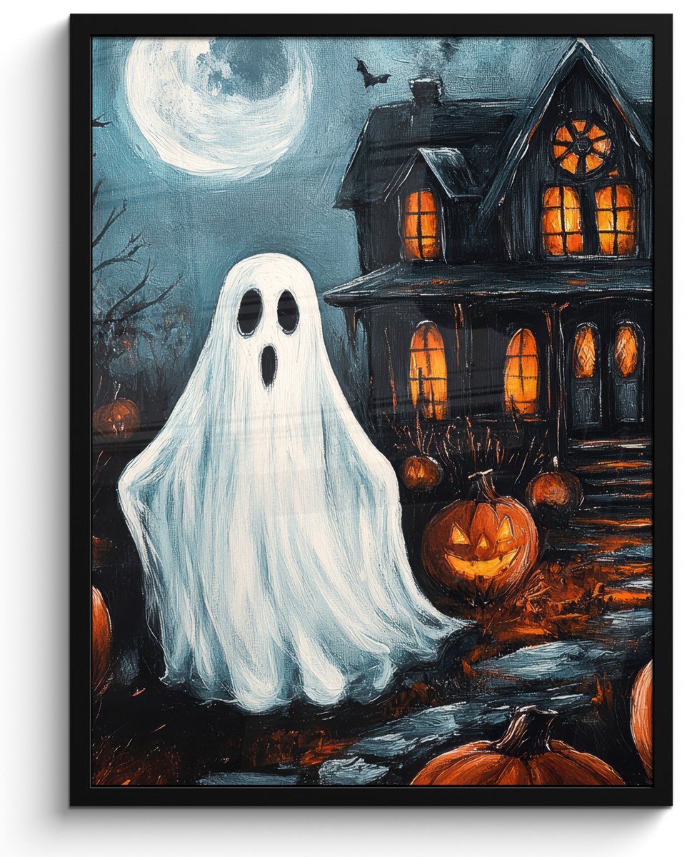 FrameYourWall Poster in lijst - Fotolijst 50x70 cm - Posters - Halloween - Spookhuis - Pompoen - Spook - Posterlijst zwart - Decoratie - Wanddecoratie woonkamer - Muurdecoratie slaapkamer