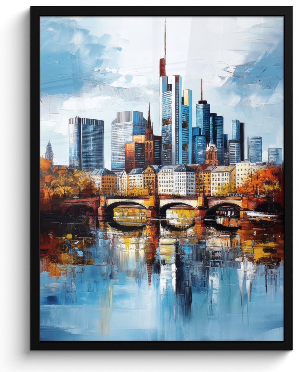 FrameYourWall Poster in lijst - Fotolijst 50x70 cm - Posters - Bomen Frankfurt- Stad - Skyline - Brug - Posterlijst zwart - Decoratie - Wanddecoratie woonkamer - Muurdecoratie slaapkamer Bomen - Stad