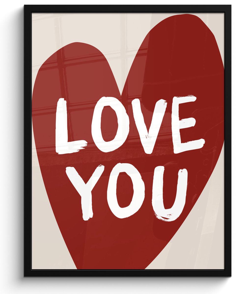 FrameYourWall Poster in lijst - Fotolijst 50x70 cm - Posters - Loveyou - Hart - Rood - Posterlijst zwart - Decoratie - Wanddecoratie woonkamer - Muurdecoratie slaapkamer Hart - Love you