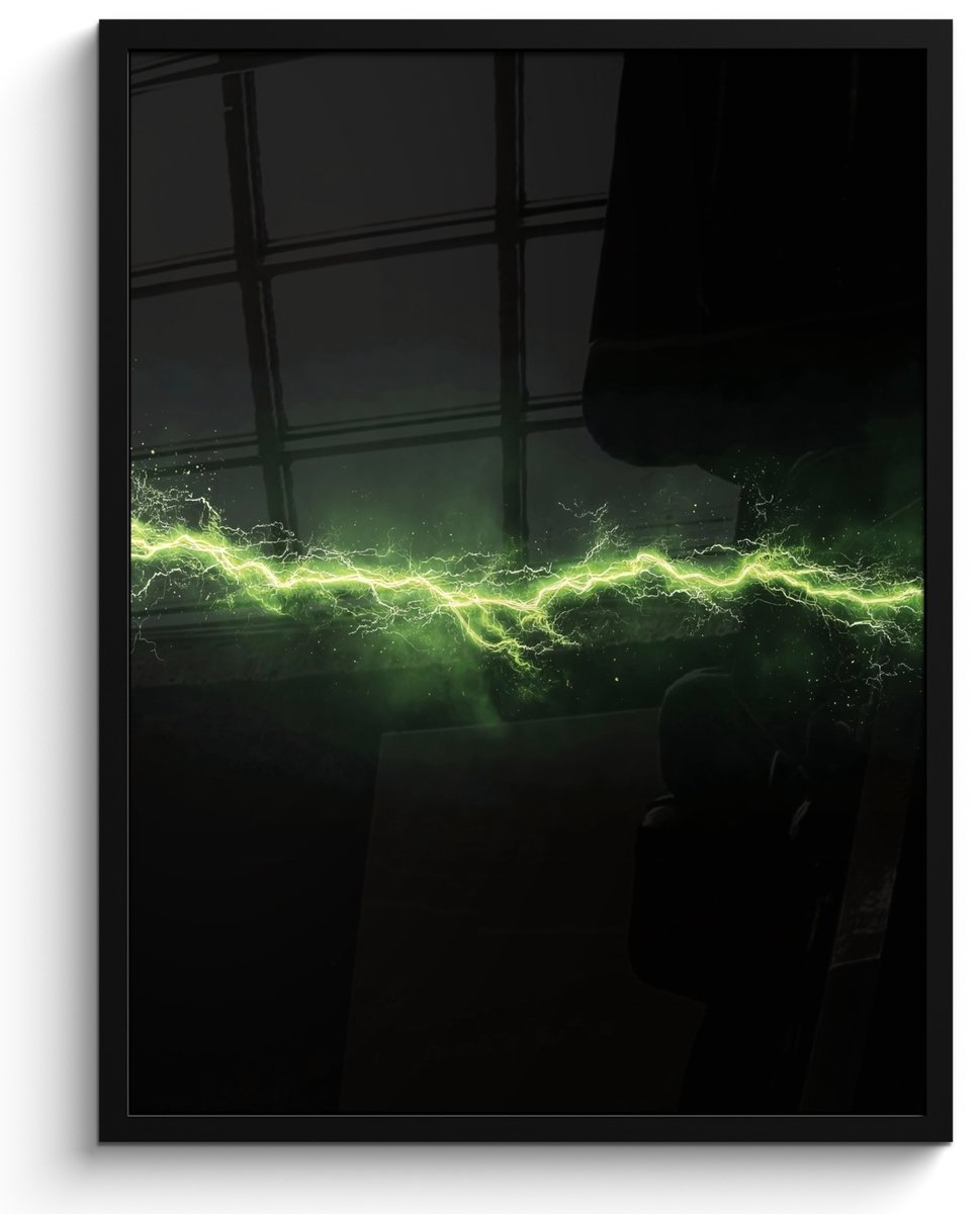 FrameYourWall Poster in lijst - Fotolijst 50x70 cm - Posters - Gaming - Elektriciteit - Lijn - Vonken - Groen - Posterlijst zwart - Decoratie - Wanddecoratie woonkamer - Muurdecoratie slaapkamer