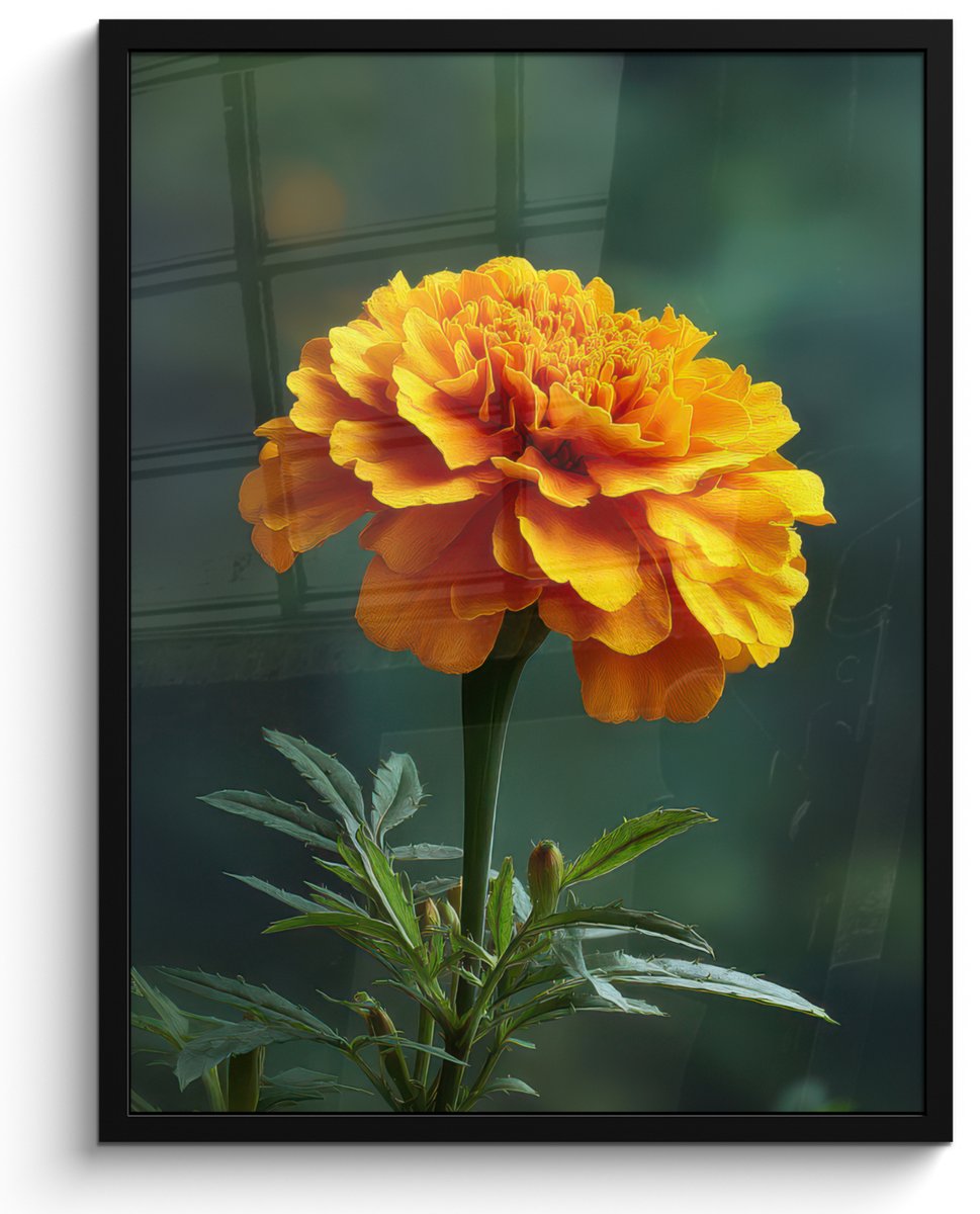 FrameYourWall Poster in lijst - Fotolijst 50x70 cm - Posters - Bloemblaadjes - Afrikaan - Oranje - Wazig - Posterlijst zwart - Decoratie - Wanddecoratie woonkamer - Muurdecoratie slaapkamer