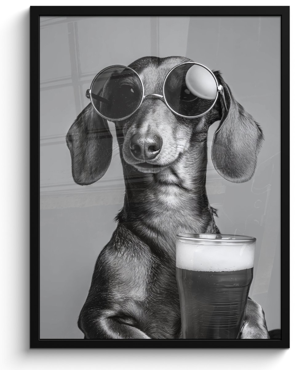 FrameYourWall Poster in lijst - Fotolijst 50x70 cm - Posters - Teckel - Bier - Glas - Bril - Posterlijst zwart - Decoratie - Wanddecoratie woonkamer - Muurdecoratie slaapkamer