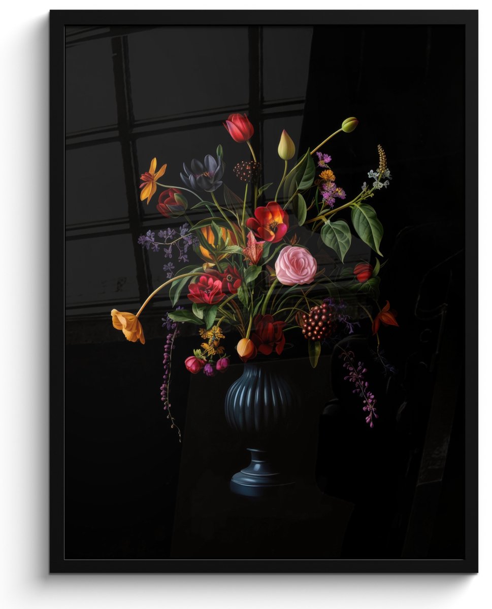 FrameYourWall Poster in lijst - Fotolijst 50x70 cm - Posters - Bloemen - Bessen - Klassiek - Posterlijst zwart - Decoratie - Wanddecoratie woonkamer - Muurdecoratie slaapkamer Boeket - Bloemen 1