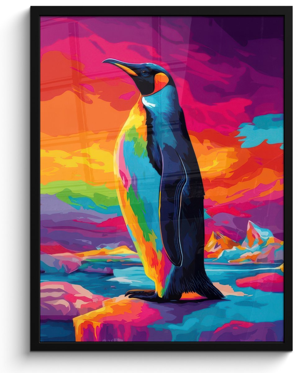FrameYourWall Poster in lijst - Fotolijst 50x70 cm - Posters - Ijsschots - Pinguïn - Abstract - Lucht - Posterlijst zwart - Decoratie - Wanddecoratie woonkamer - Muurdecoratie slaapkamer Pinguïn - Kleurrijk