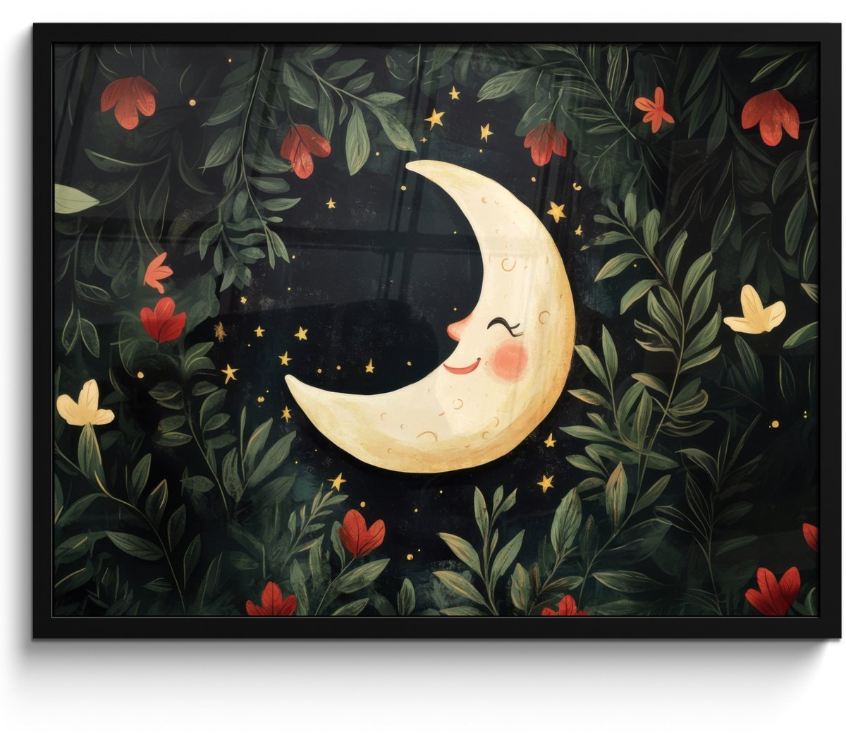 FrameYourWall Poster in lijst - Fotolijst 70x50 cm - Posters - Maan - Bloemen - Nachthemel - Posterlijst zwart - Decoratie - Wanddecoratie woonkamer - Muurdecoratie slaapkamer