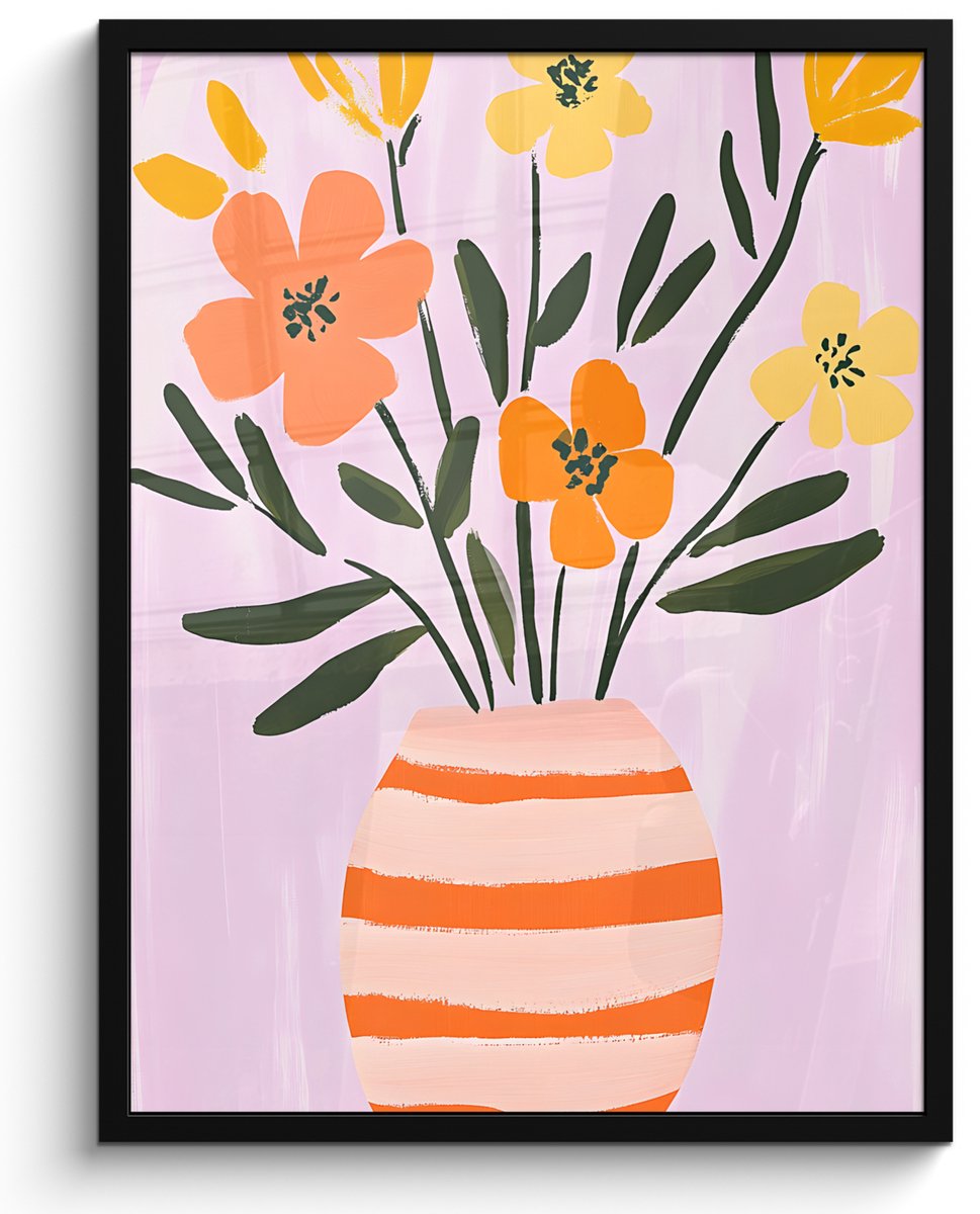 FrameYourWall Poster in lijst - Fotolijst 50x70 cm - Posters - Vaas - Gestreept - Bloemen - Oranje - Posterlijst zwart - Decoratie - Wanddecoratie woonkamer - Muurdecoratie slaapkamer Vaas - Bloemen