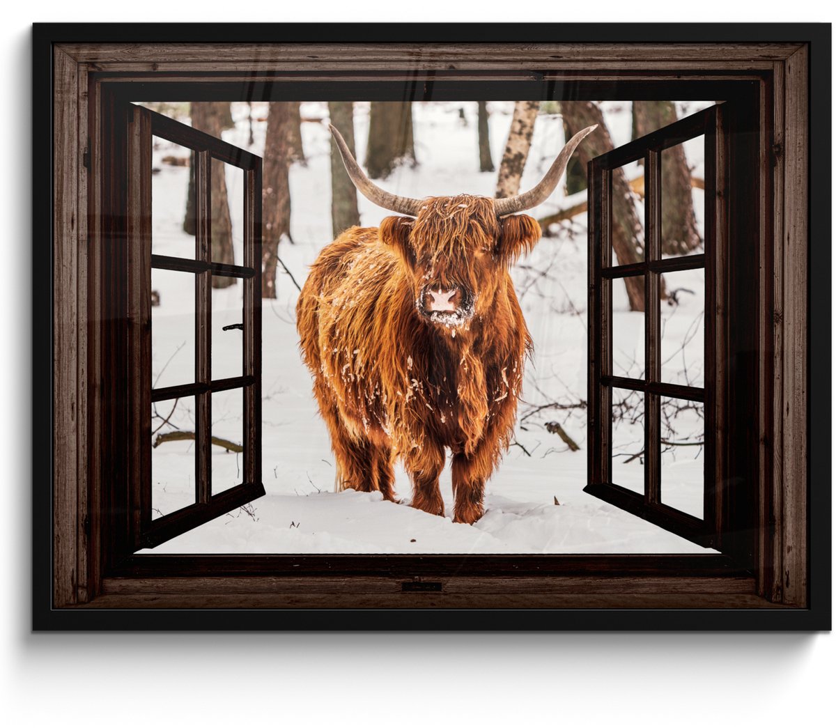 FrameYourWall Poster in lijst - Fotolijst 70x50 cm - Posters - Schotse Hooglander - Sneeuw - Natuur - Dieren - Doorkijk - Winter - Posterlijst zwart - Decoratie - Wanddecoratie woonkamer - Muurdecoratie slaapkamer