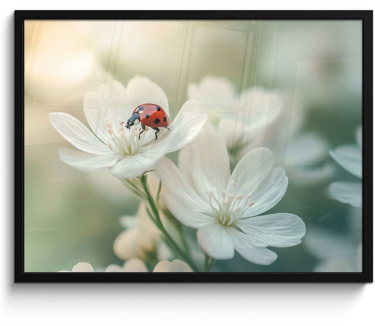 FrameYourWall Poster in lijst - Fotolijst 70x50 cm - Posters - Lieveheersbeestje - Bloemen - Wit - Posterlijst zwart - Decoratie - Wanddecoratie woonkamer - Muurdecoratie slaapkamer