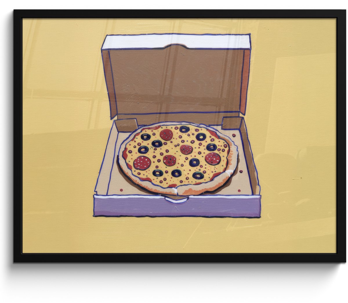 FrameYourWall Poster in lijst - Fotolijst 70x50 cm - Posters - Pizza - Doos - Salami - Illustratie - Posterlijst zwart - Decoratie - Wanddecoratie woonkamer - Muurdecoratie slaapkamer