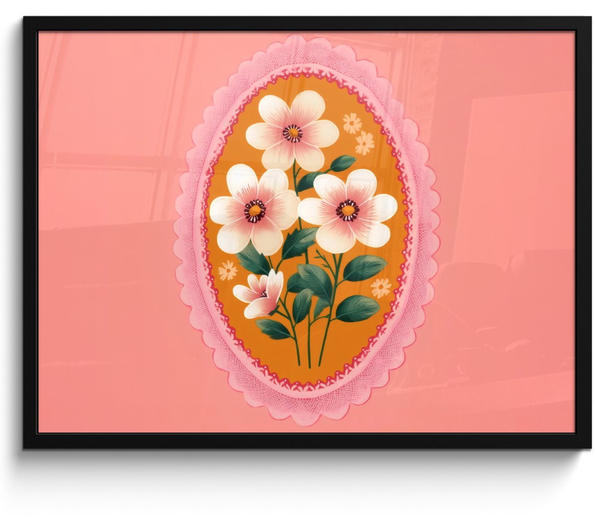 FrameYourWall Poster in lijst - Fotolijst 70x50 cm - Posters - Illustratie - Bloemen - Rand - Roze - Posterlijst zwart - Decoratie - Wanddecoratie woonkamer - Muurdecoratie slaapkamer