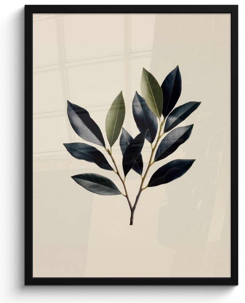FrameYourWall Poster in lijst - Fotolijst 50x70 cm - Posters - Ovaal - Olijfgroen - Simpel - Posterlijst zwart - Decoratie - Wanddecoratie woonkamer - Muurdecoratie slaapkamer Tak - Blad