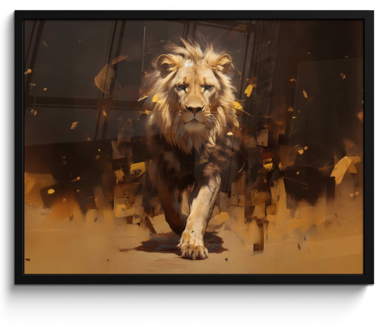 FrameYourWall Poster in lijst - Fotolijst 70x50 cm - Posters - Leeuw - Geschilderd - Abstract - Goud - Posterlijst zwart - Decoratie - Wanddecoratie woonkamer - Muurdecoratie slaapkamer