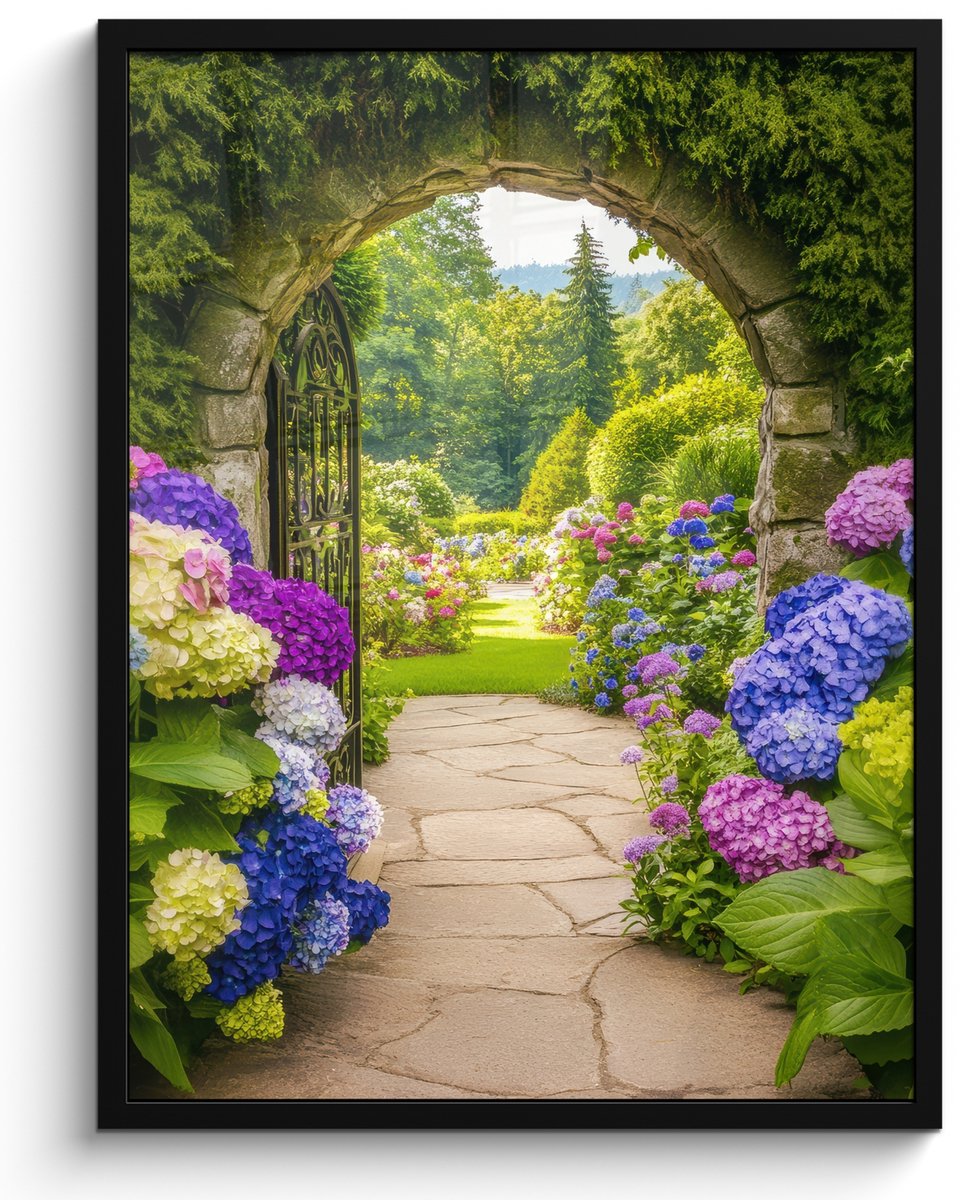FrameYourWall Poster in lijst - Fotolijst 50x70 cm - Posters - Doorkijk - Poort - Hortensia - Bloementuin - Posterlijst zwart - Decoratie - Wanddecoratie woonkamer - Muurdecoratie slaapkamer Poort - Tuin