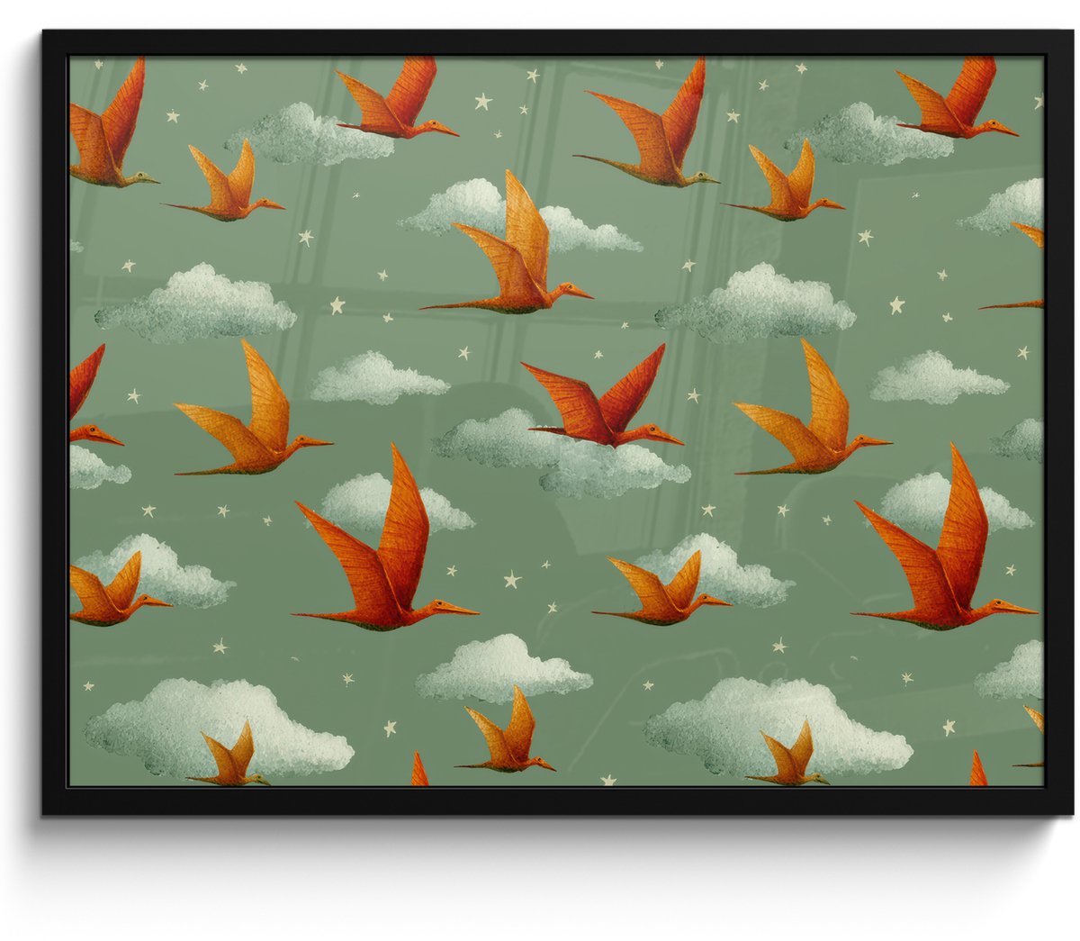 FrameYourWall Poster in lijst - Fotolijst 70x50 cm - Posters - Dinosaurussen - Wolken - Sterren - Oranje - Posterlijst zwart - Decoratie - Wanddecoratie woonkamer - Muurdecoratie slaapkamer
