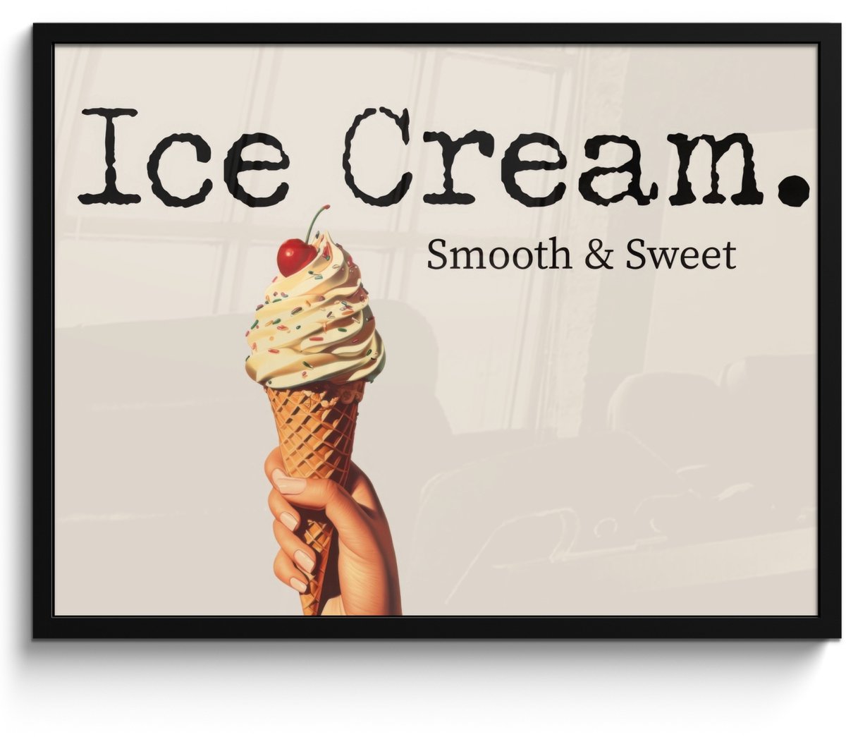 FrameYourWall Poster in lijst - Fotolijst 70x50 cm - Posters - Ice cream - Softijs - Kleurrijk - Kers - Posterlijst zwart - Decoratie - Wanddecoratie woonkamer - Muurdecoratie slaapkamer Softijs - Tekst