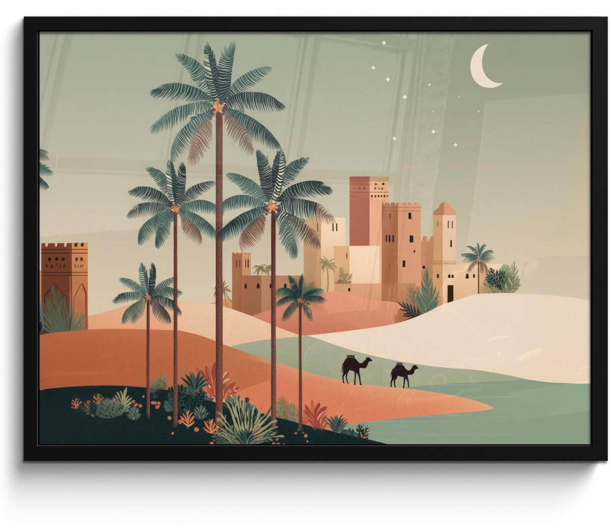 FrameYourWall Poster in lijst - Fotolijst 70x50 cm - Posters - Nachtlandschap - Kamelen - Sterren - zandduinden - Posterlijst zwart - Decoratie - Wanddecoratie woonkamer - Muurdecoratie slaapkamer
