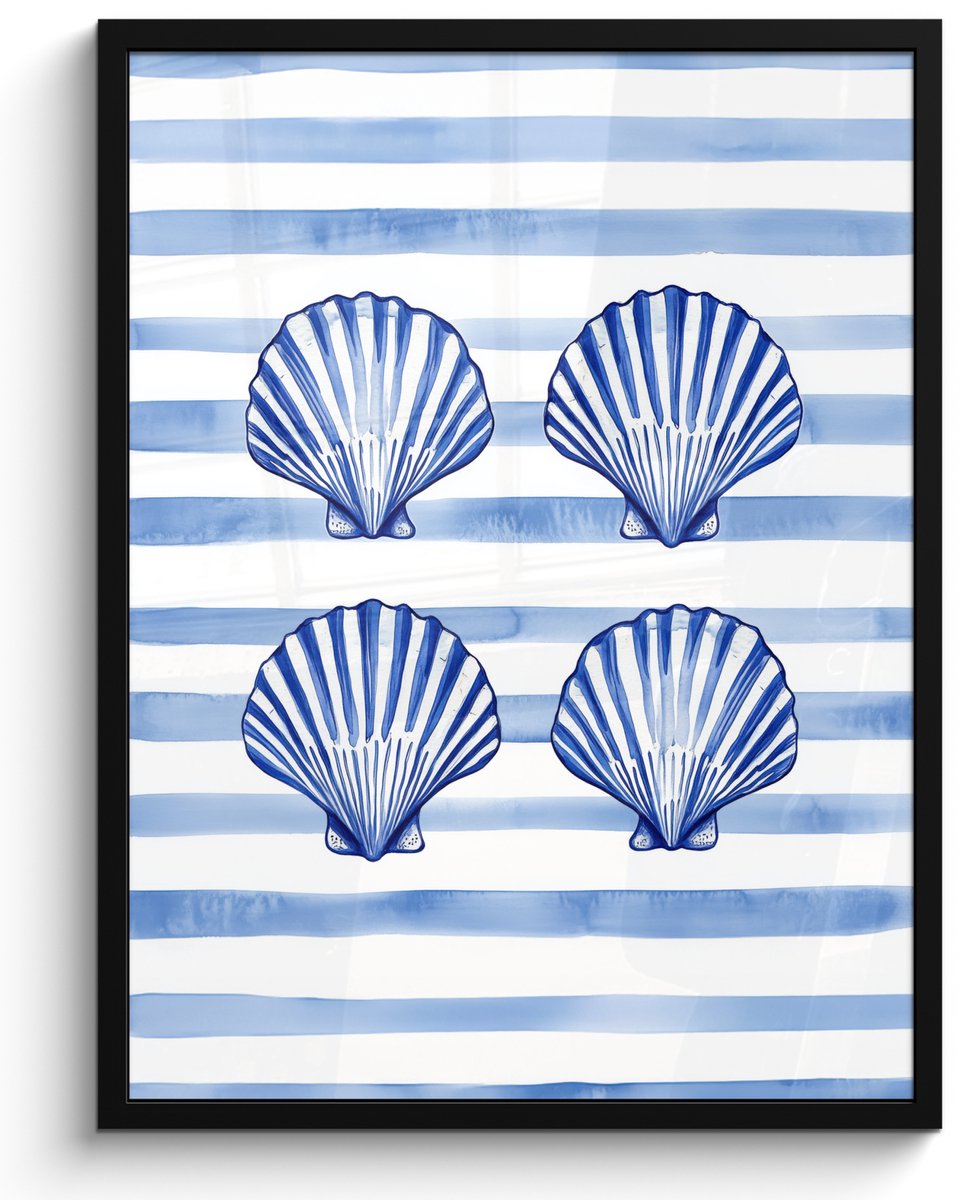 FrameYourWall Poster in lijst - Fotolijst 50x70 cm - Posters - Vier schelpen - Blauw - Wit - Strepen - Posterlijst zwart - Decoratie - Wanddecoratie woonkamer - Muurdecoratie slaapkamer Schelpen - Strepen