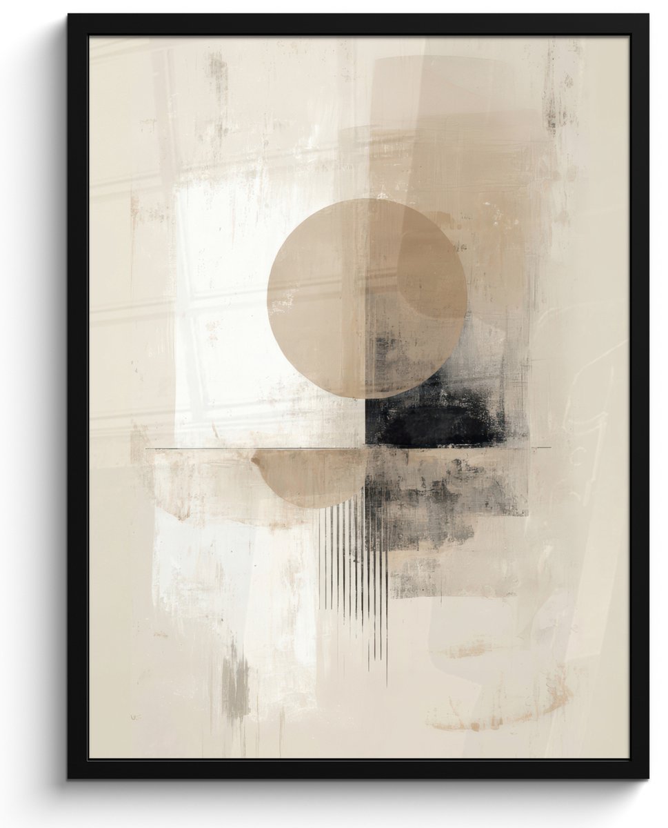 FrameYourWall Poster in lijst - Fotolijst 50x70 cm - Posters - Cirkel - Compositie - Diepte - Beige - Posterlijst zwart - Decoratie - Wanddecoratie woonkamer - Muurdecoratie slaapkamer
