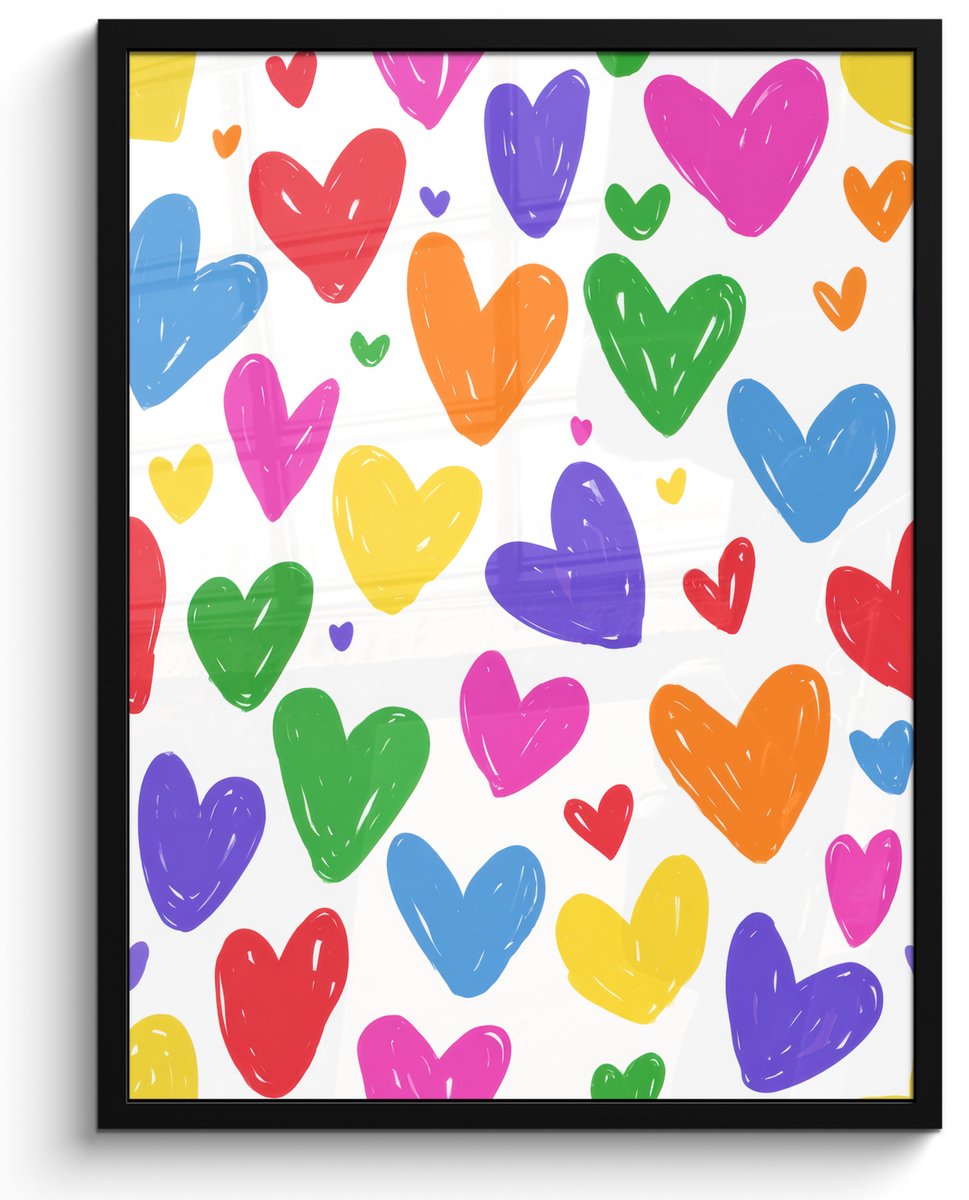 FrameYourWall Poster in lijst - Fotolijst 50x70 cm - Posters - Hartjes - Patroon - Kleurrijk - Posterlijst zwart - Decoratie - Wanddecoratie woonkamer - Muurdecoratie slaapkamer Hartjes - Kleurrijk