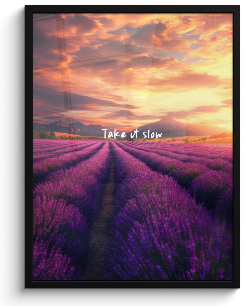 FrameYourWall Poster in lijst - Fotolijst 50x70 cm - Posters - Lavendelveld - Quote - Zonsondergang - Posterlijst zwart - Decoratie - Wanddecoratie woonkamer - Muurdecoratie slaapkamer
