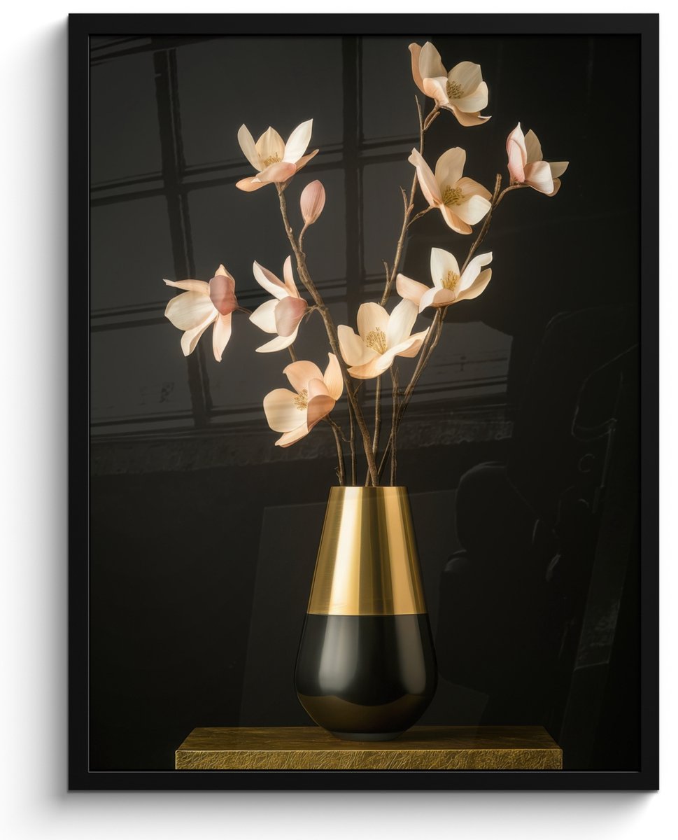 FrameYourWall Poster in lijst - Fotolijst 50x70 cm - Posters - Sierlijk - Boeket - Goud - Vaas - Posterlijst zwart - Decoratie - Wanddecoratie woonkamer - Muurdecoratie slaapkamer