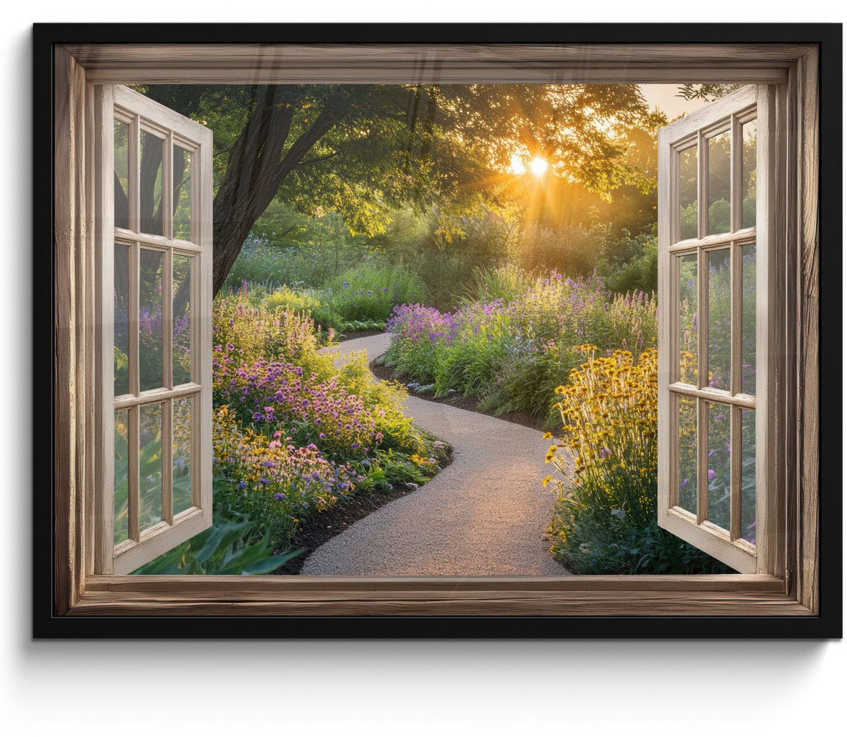 FrameYourWall Poster in lijst - Fotolijst 70x50 cm - Posters - Doorkijk - Bloemen - Natuur - Zon - Pad - Posterlijst zwart - Decoratie - Wanddecoratie woonkamer - Muurdecoratie slaapkamer