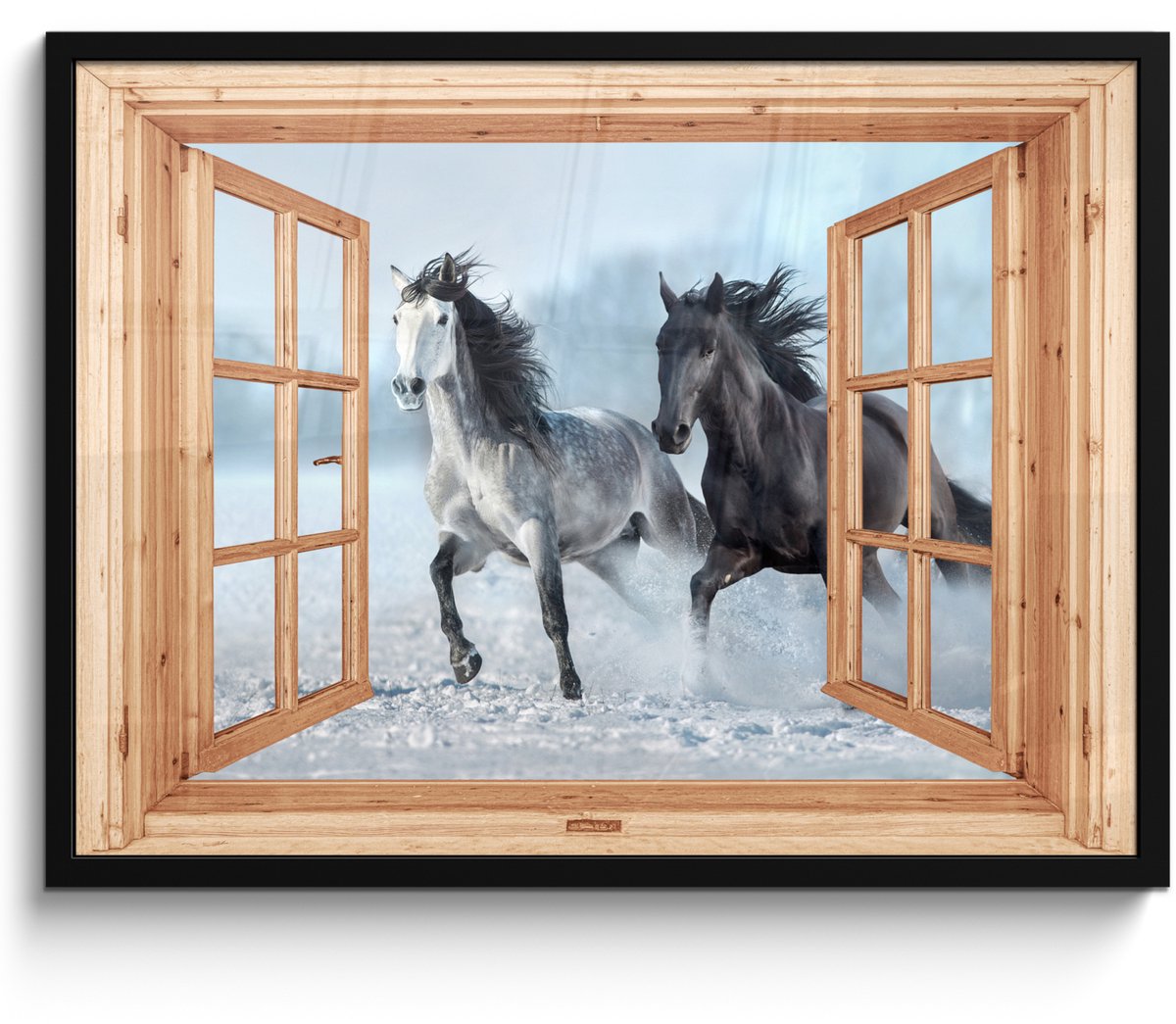 FrameYourWall Poster in lijst - Fotolijst 70x50 cm - Posters - Doorkijk - Paarden - Winter - Dieren - Natuur - Hout - Posterlijst zwart - Decoratie - Wanddecoratie woonkamer - Muurdecoratie slaapkamer