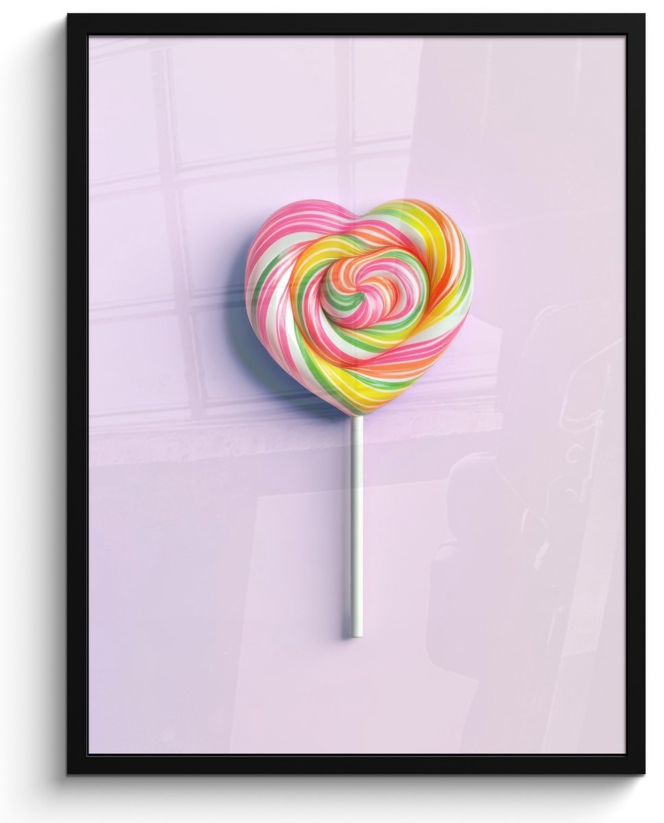FrameYourWall Poster in lijst - Fotolijst 50x70 cm - Posters - Hart - Lolly - Snoep - Posterlijst zwart - Decoratie - Wanddecoratie woonkamer - Muurdecoratie slaapkamer Hartjeslolly