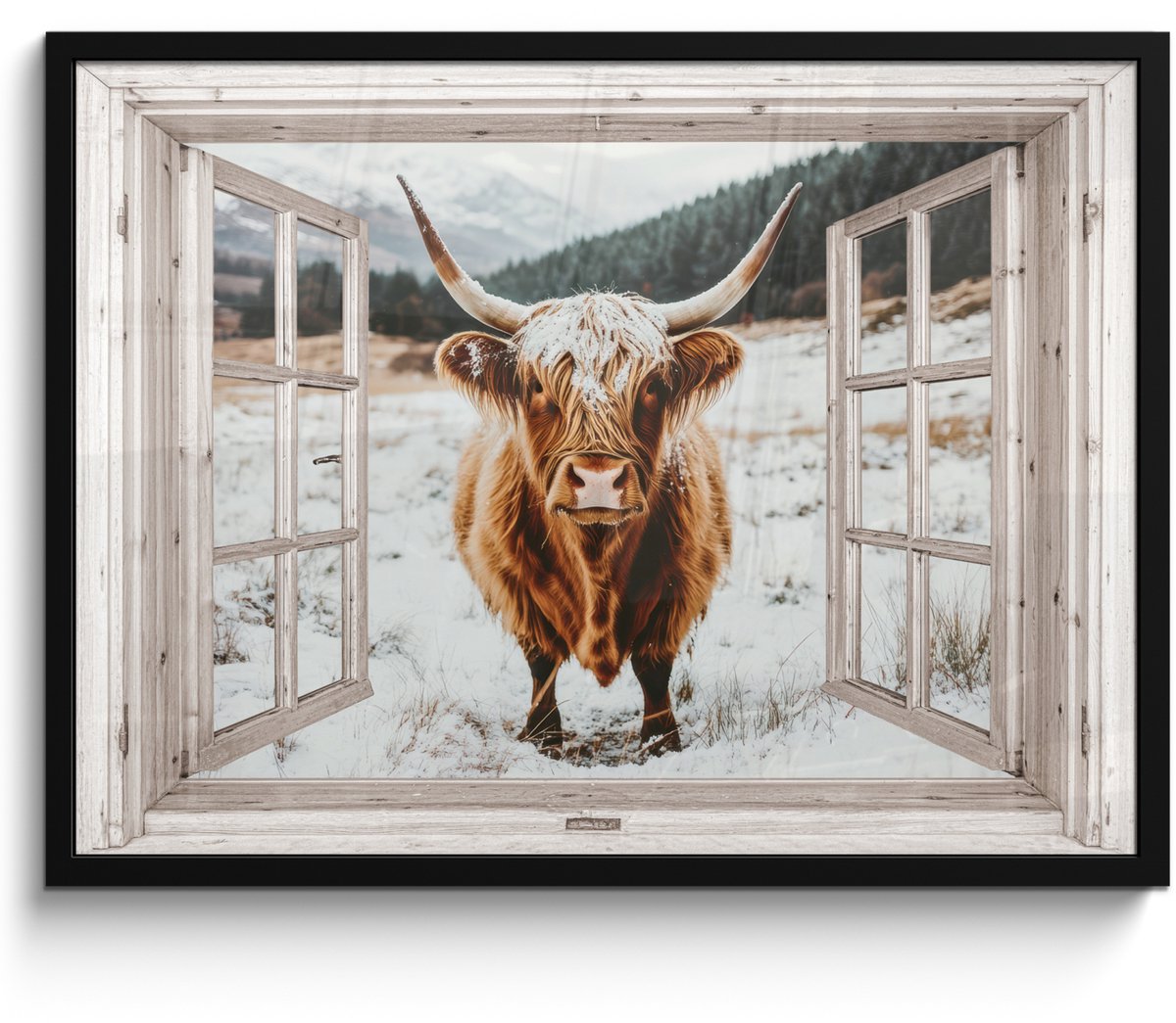 FrameYourWall Poster in lijst - Fotolijst 70x50 cm - Posters - Schotse Hooglander - Winterlandschap - Landelijk - Bergen - Doorkijk - Posterlijst zwart - Decoratie - Wanddecoratie woonkamer - Muurdecoratie slaapkamer