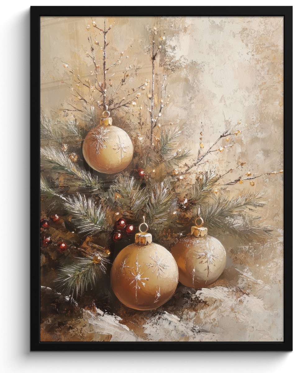 FrameYourWall Poster in lijst - Fotolijst 50x70 cm - Posters - Kerst - Kerstballen - Beige - Goud - Posterlijst zwart - Decoratie - Wanddecoratie woonkamer - Kerstdecoratie voor binnen - Kerstversiering - Kerstmis versiering in huis - Kerstaccessoires