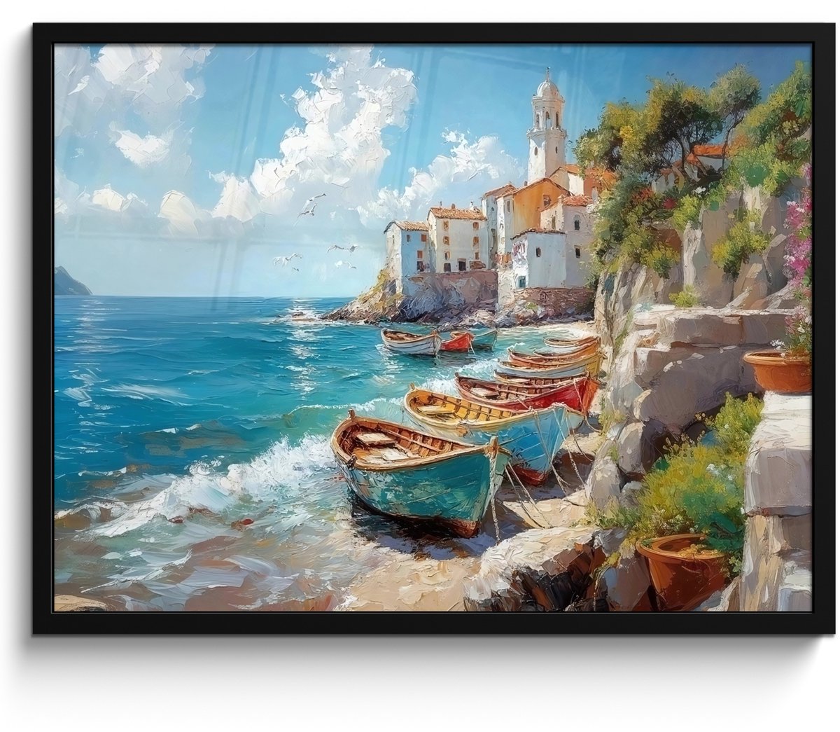 FrameYourWall Poster in lijst - Fotolijst 70x50 cm - Posters - Boten - Rotsen - Zee - Zon - Posterlijst zwart - Decoratie - Wanddecoratie woonkamer - Muurdecoratie slaapkamer Boten - Zee - Rotsen