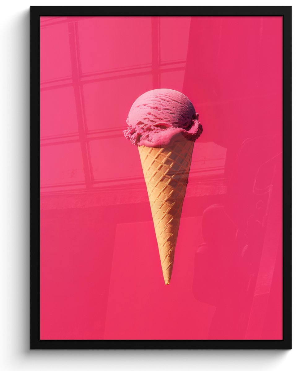 FrameYourWall Poster in lijst - Fotolijst 50x70 cm - Posters - Schepijs - Roze - Hoorntje - Posterlijst zwart - Decoratie - Wanddecoratie woonkamer - Muurdecoratie slaapkamer Hoorntje - Ijs