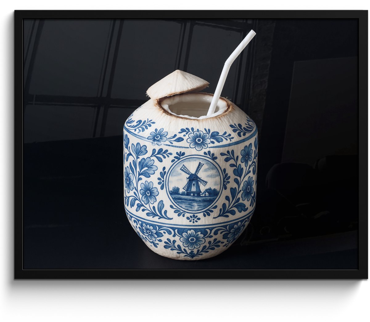 FrameYourWall Poster in lijst - Fotolijst 70x50 cm - Posters - Kokosnoot - Eten - Delfts blauw - Drinken - Posterlijst zwart - Decoratie - Wanddecoratie woonkamer - Muurdecoratie slaapkamer