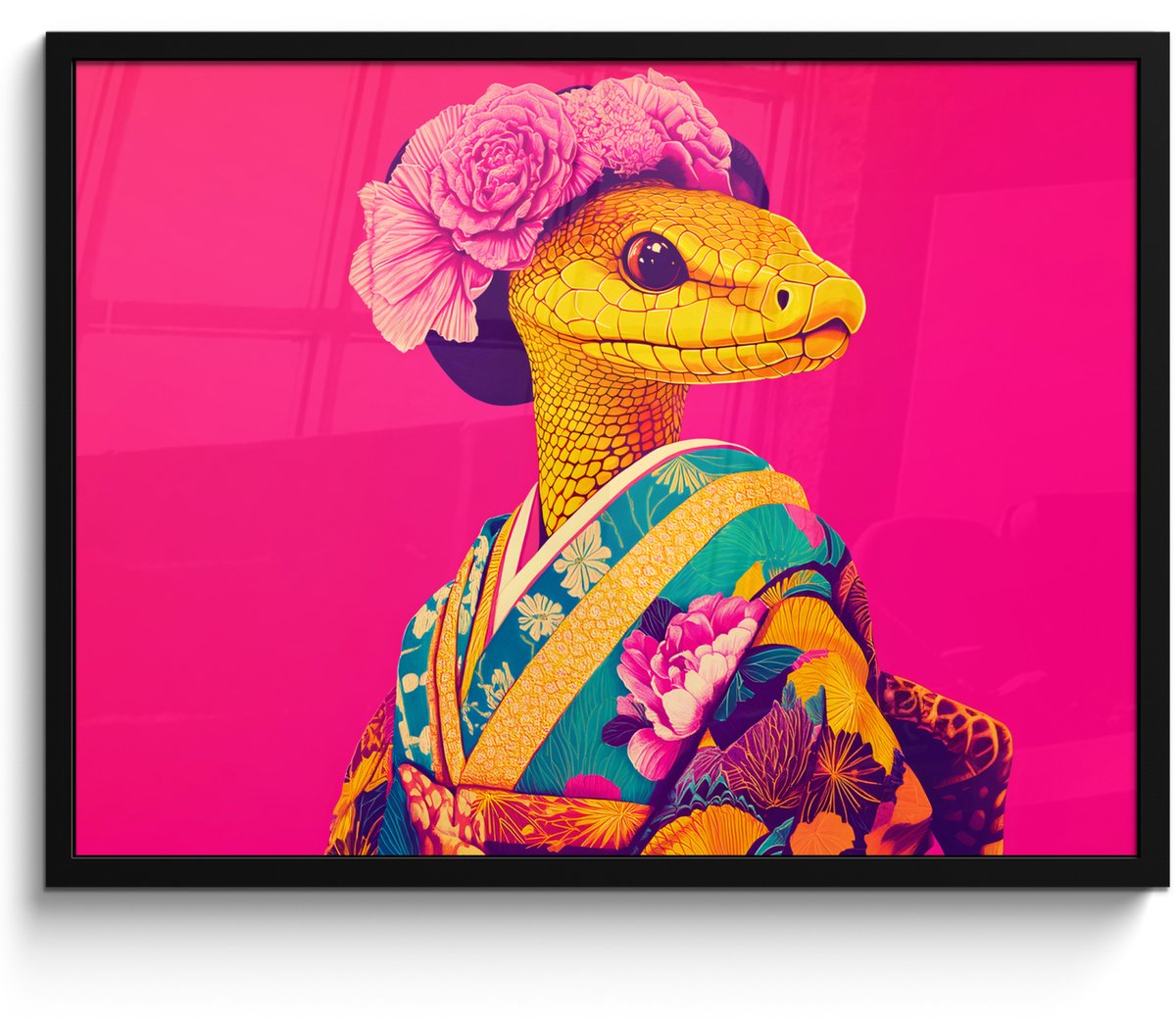 FrameYourWall Poster in lijst - Fotolijst 70x50 cm - Posters - Hagedis - Bloemen - Roze - Kimono - Posterlijst zwart - Decoratie - Wanddecoratie woonkamer - Muurdecoratie slaapkamer