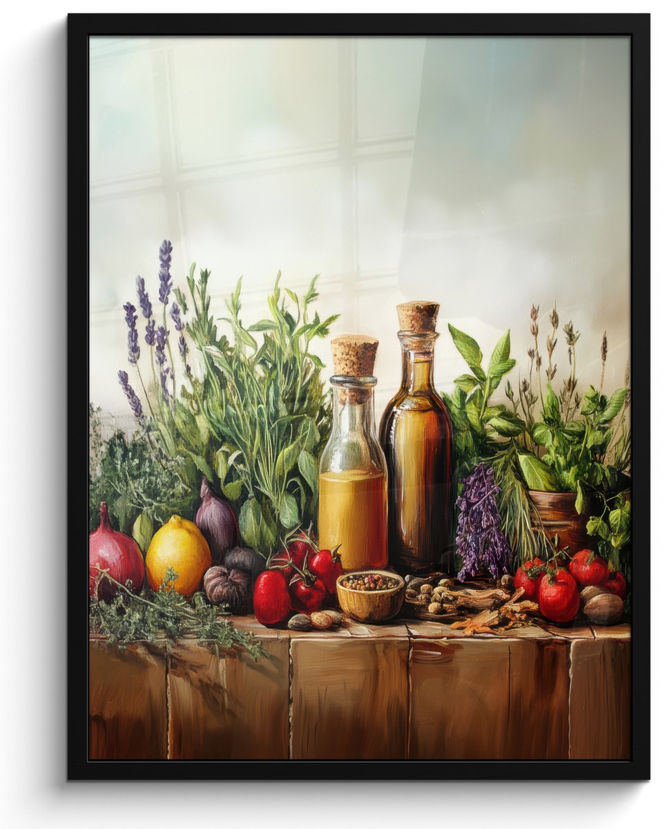 FrameYourWall Poster in lijst - Fotolijst 50x70 cm - Posters - Stilleven - Kruiden - Specerijen - Fruit - Kleurrijk - Posterlijst zwart - Decoratie - Wanddecoratie woonkamer - Muurdecoratie slaapkamer