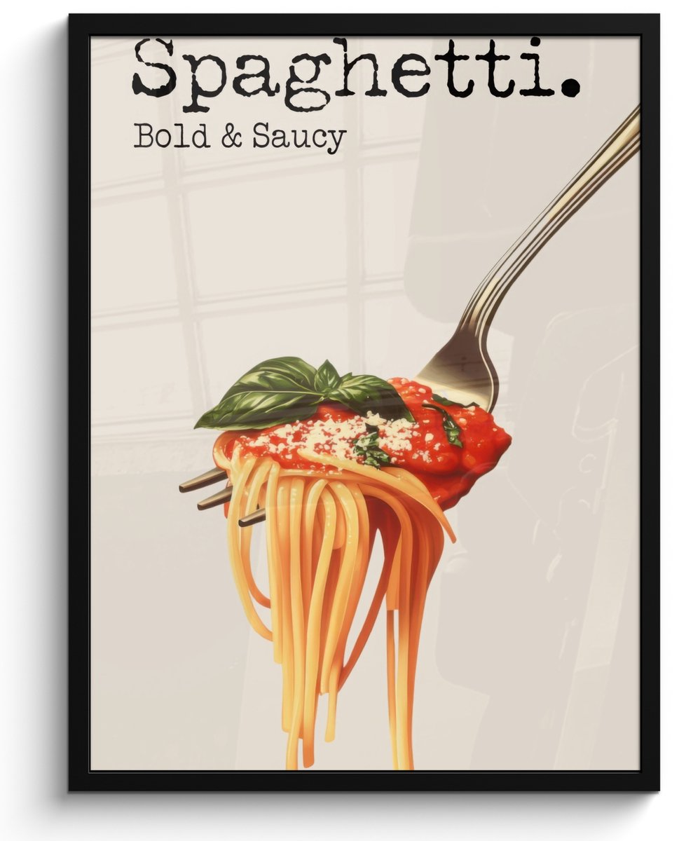 FrameYourWall Poster in lijst - Fotolijst 50x70 cm - Posters - Spaghetti - tomatensaus - Parmezaanse kaas - Posterlijst zwart - Decoratie - Wanddecoratie woonkamer - Muurdecoratie slaapkamer Spaghetti - Tekst