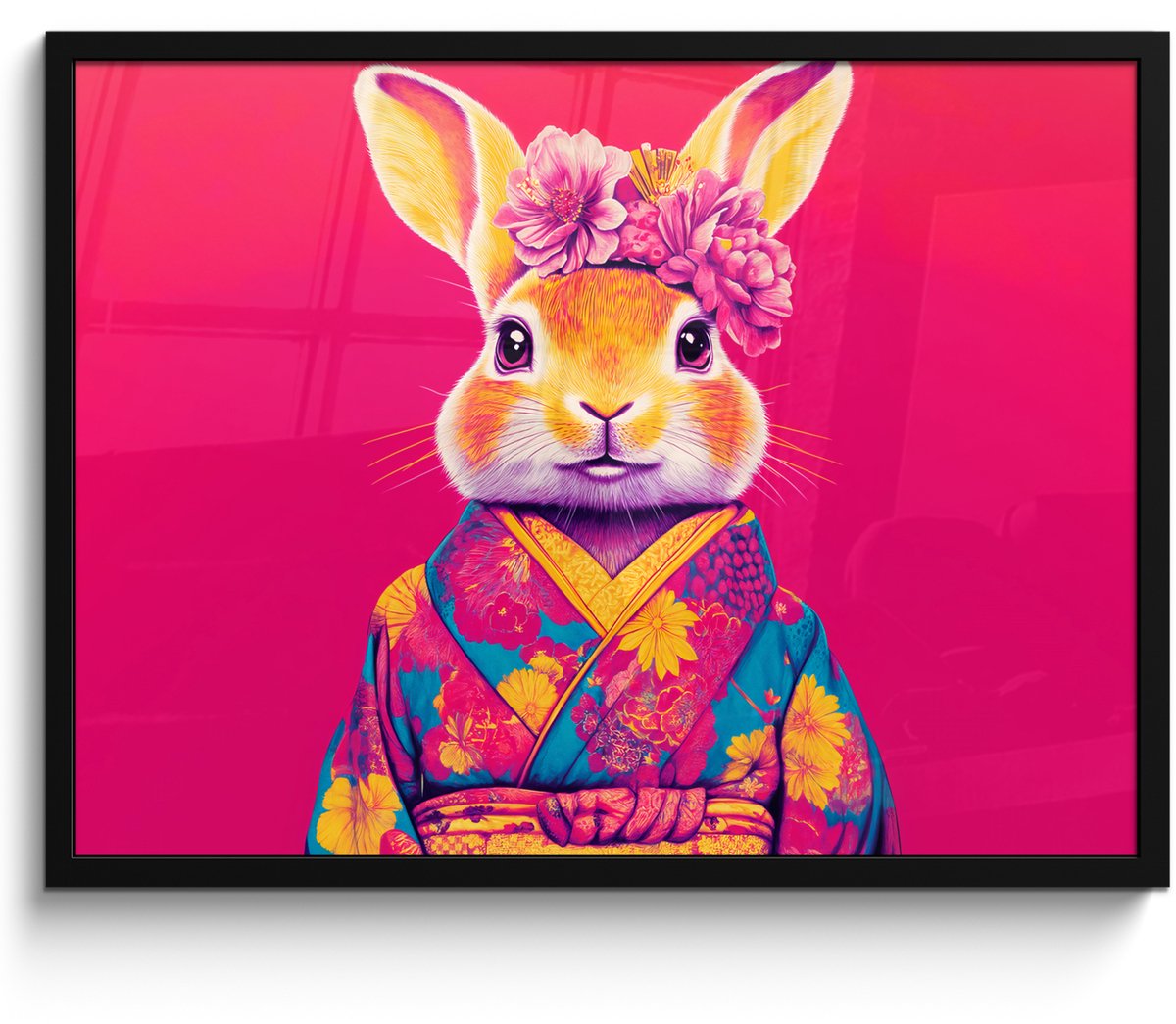 FrameYourWall Poster in lijst - Fotolijst 70x50 cm - Posters - Konijn - Bloemen - Kleurrijk - Kimono - Posterlijst zwart - Decoratie - Wanddecoratie woonkamer - Muurdecoratie slaapkamer