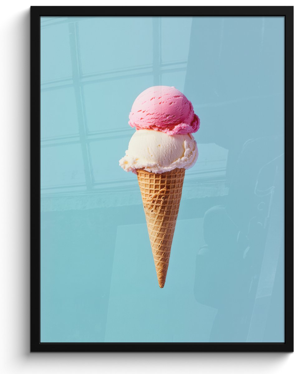 FrameYourWall Poster in lijst - Fotolijst 50x70 cm - Posters - Bolletjes - Schepijs - Hoorntje - Blauw - Posterlijst zwart - Decoratie - Wanddecoratie woonkamer - Muurdecoratie slaapkamer Hoorntje - Schepijs