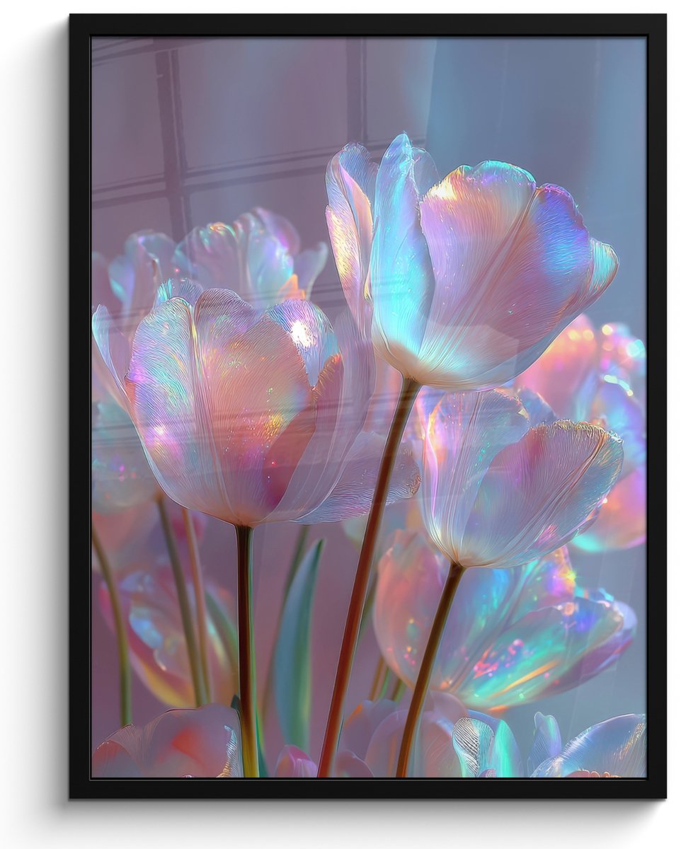 FrameYourWall Poster in lijst - Fotolijst 50x70 cm - Posters - Tulpen - Glazen - Bloemblaadjes - Pasteltinten - Posterlijst zwart - Decoratie - Wanddecoratie woonkamer - Muurdecoratie slaapkamer