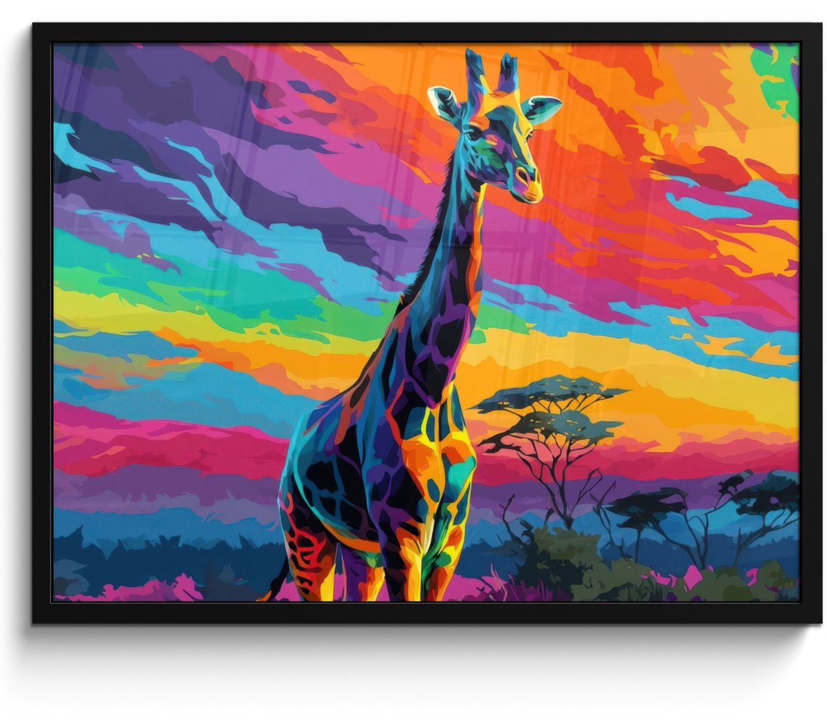 FrameYourWall Poster in lijst - Fotolijst 70x50 cm - Posters - Giraffe - Savanna - Lucht - Gekleurd - Posterlijst zwart - Decoratie - Wanddecoratie woonkamer - Muurdecoratie slaapkamer Giraffe - Kleurrijk