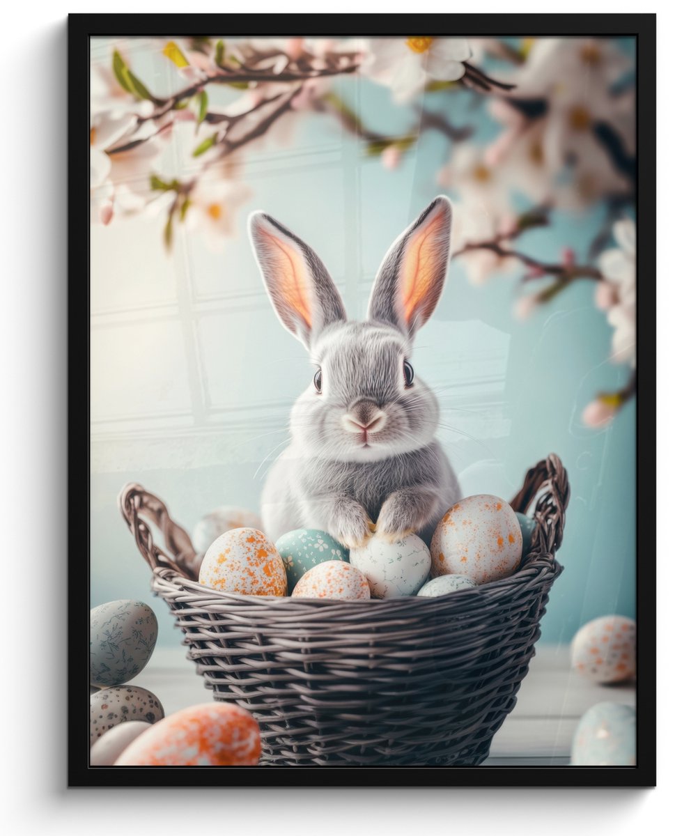 FrameYourWall Poster in lijst - Fotolijst 50x70 cm - Posters - Konijn - Eieren - Mand - Posterlijst zwart - Decoratie - Wanddecoratie woonkamer - Muurdecoratie slaapkamer Konijn - Mandje