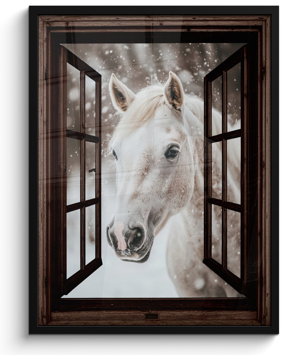 FrameYourWall Poster in lijst - Fotolijst 50x70 cm - Posters - Doorkijk - Paard - Wit - Winterlandschap - Sneeuw - Posterlijst zwart - Decoratie - Wanddecoratie woonkamer - Muurdecoratie slaapkamer