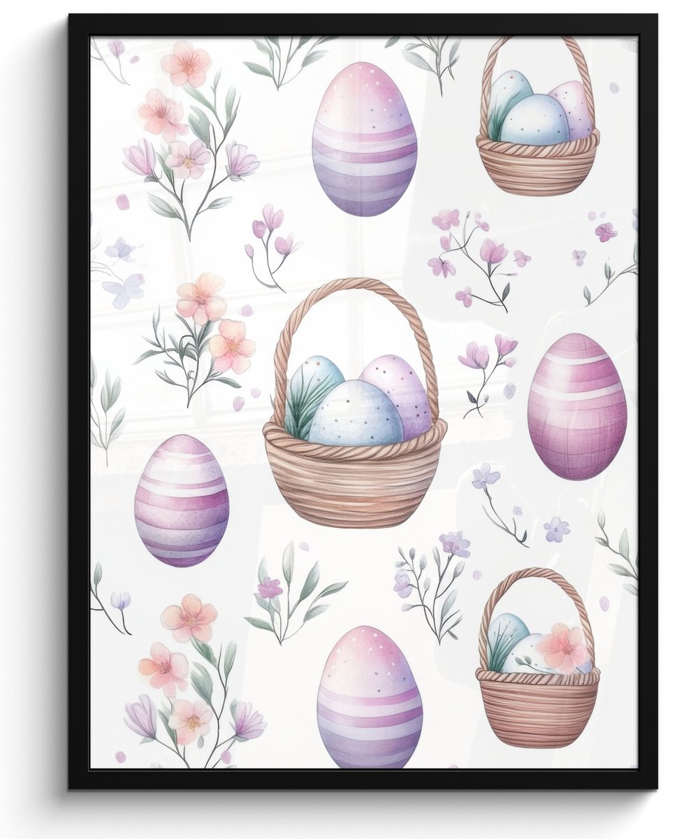 FrameYourWall Poster in lijst - Fotolijst 50x70 cm - Posters - Bloemen - Paaseieren - Patroon - Posterlijst zwart - Decoratie - Wanddecoratie woonkamer - Muurdecoratie slaapkamer Pasen