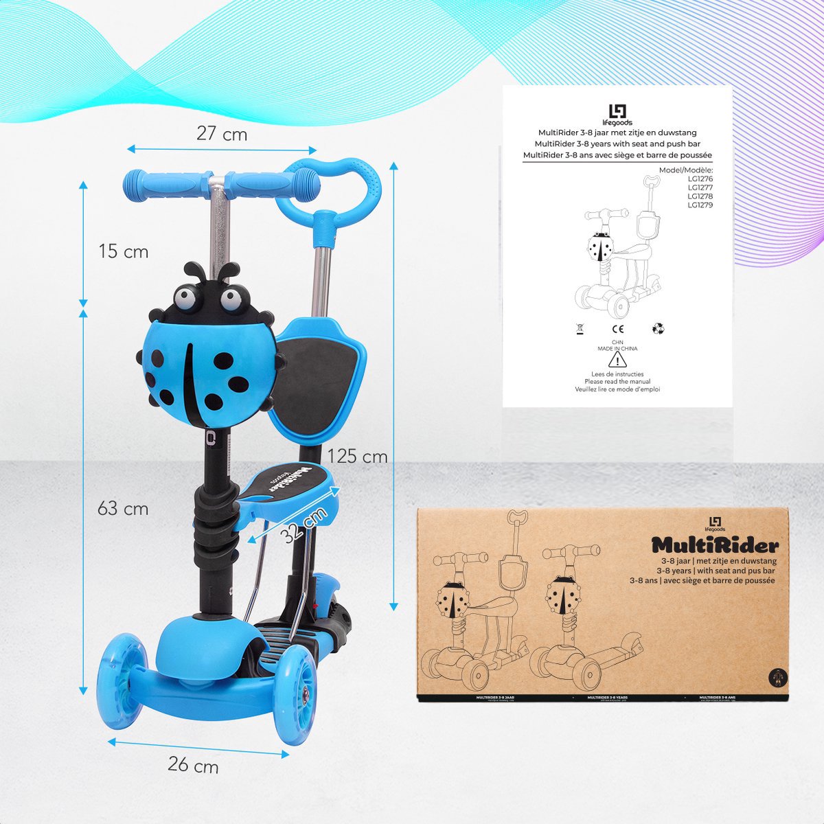 LifeGoods MultiRider - Kinderstep met Duwstang - 3 tot 8 Jaar - Hoogte Verstelbaar - Jongens/Meisjes - Lichtgevende LED Wielen - Blauw — afbeelding 4