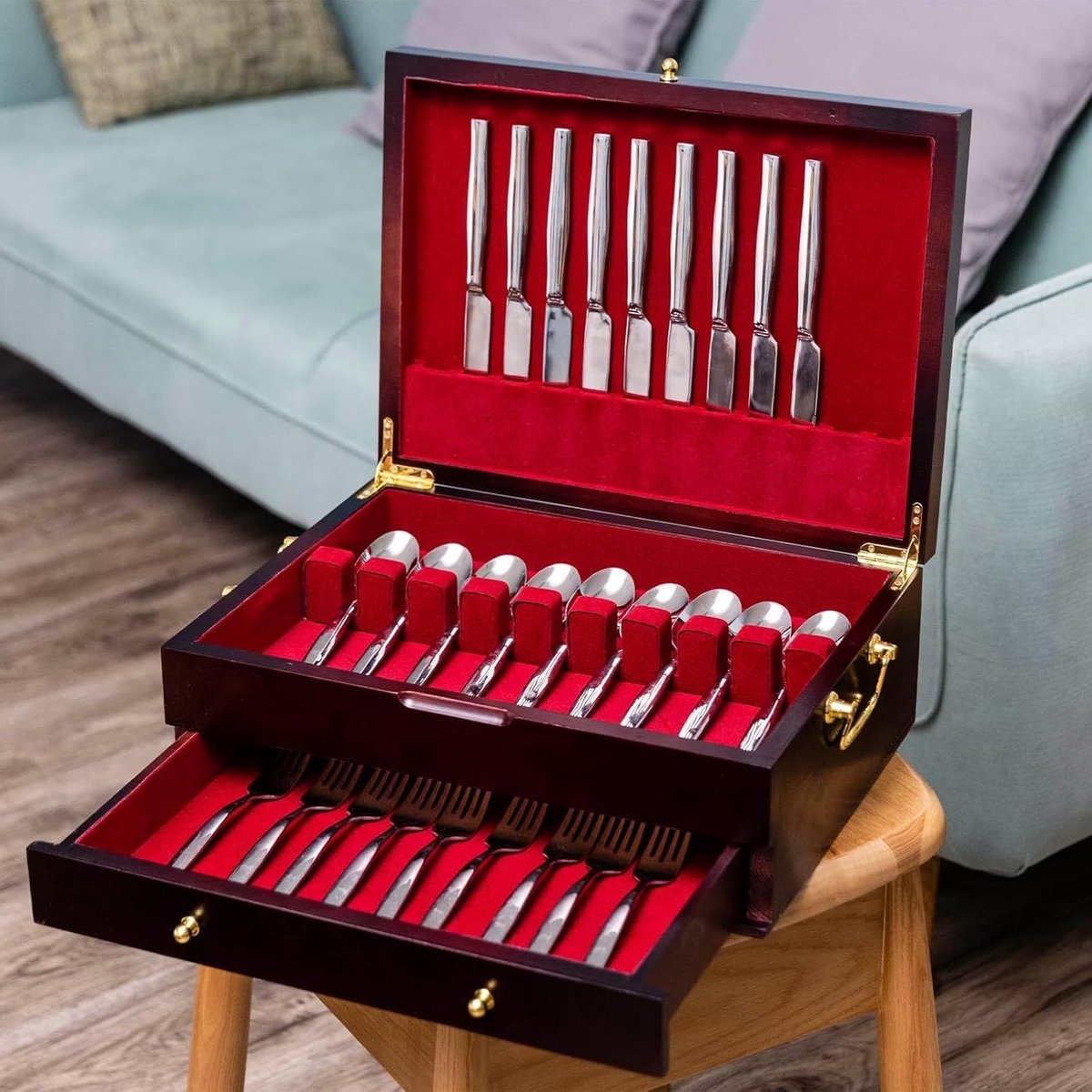 Luxe Houten Bestekcassette met Handvat en Viltvoering voor 12 of 16+ Zilver- of Servies Sets